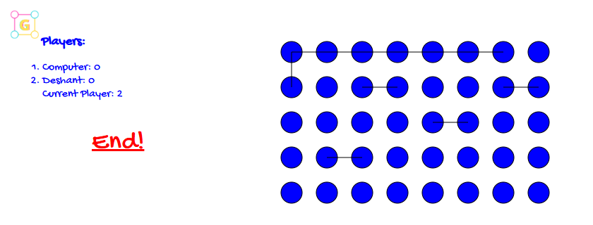 A game of Golos against the computer: a board of five rows of dots with the first lines drawn, and the scores beside it