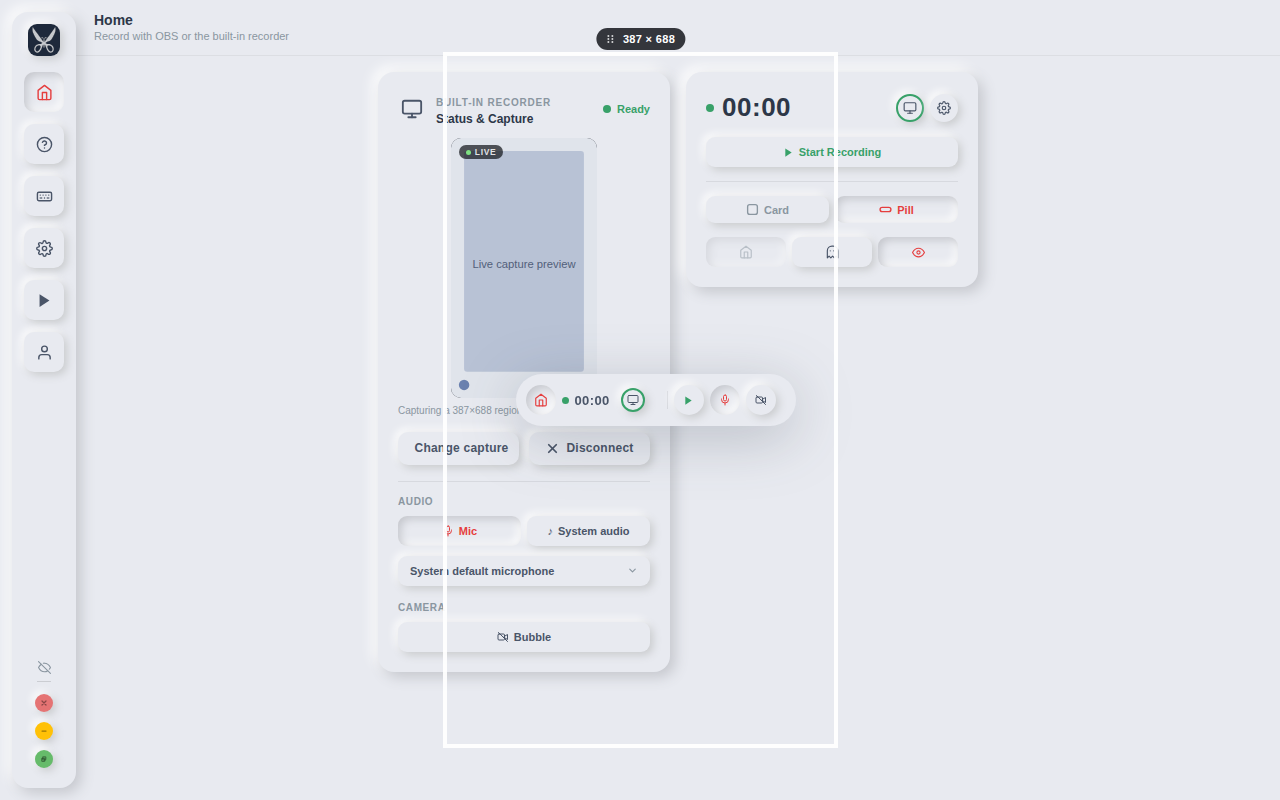 OneTake home screen with a region frame armed for recording